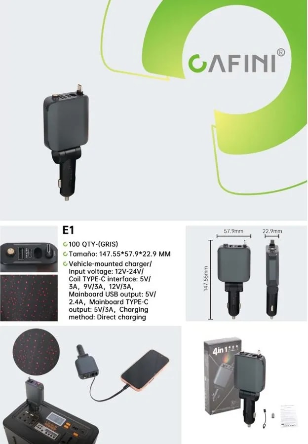 Cargador de Auto CAFINI con Cables Retráctiles Tipo C