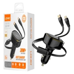 Cargador Vehicular. LDNIO C107 30W + 2 Cable USB-C y Lightning
