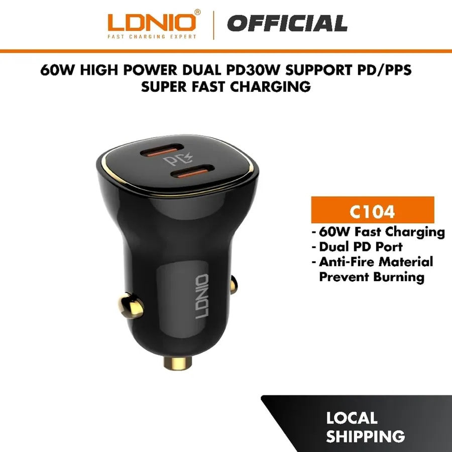 Cargador veh. ldnio C104 60W 2P pd+pd + cab tc-iph
