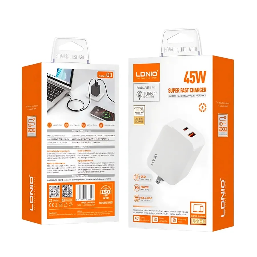 Cargador ldnio Q1 20W 2P pd + USB + cab usb-tc white +.