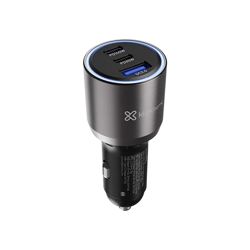 Cargador de carro klip xtreme 140W carga rapida hasta laptop 2 usb-c y 1 usb-a