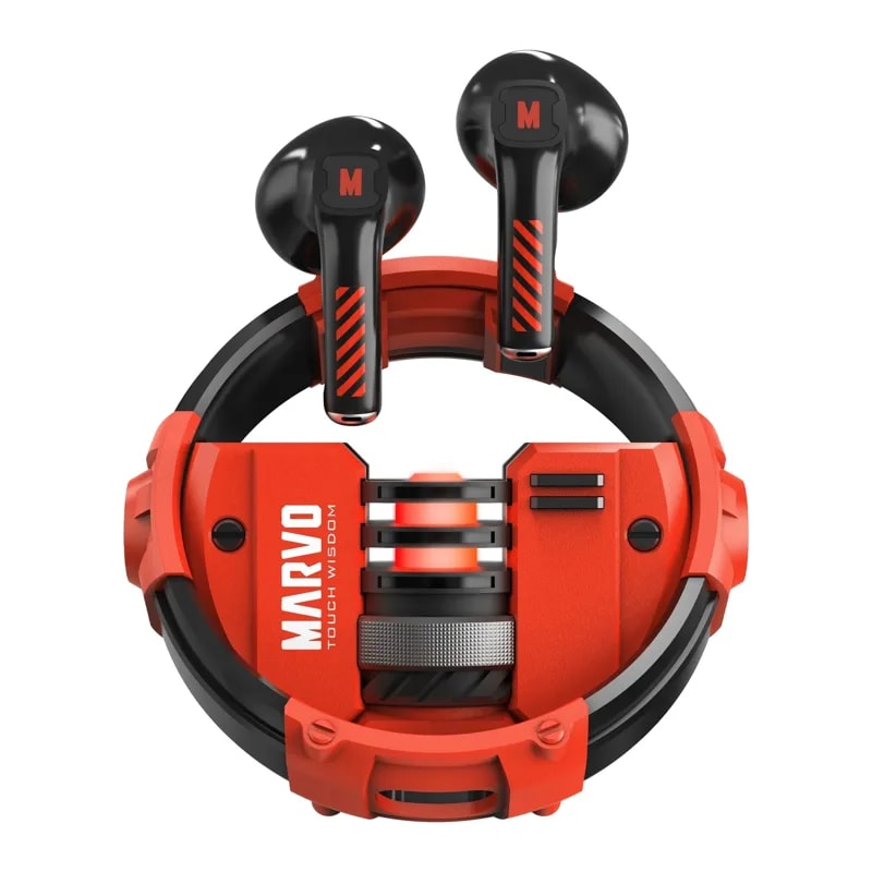 Audífonos Marvo BE-889 BT 5.3 Case Metal LED RGB Dual Mode Juego/musica Bat. 300MAH Negro/rojo