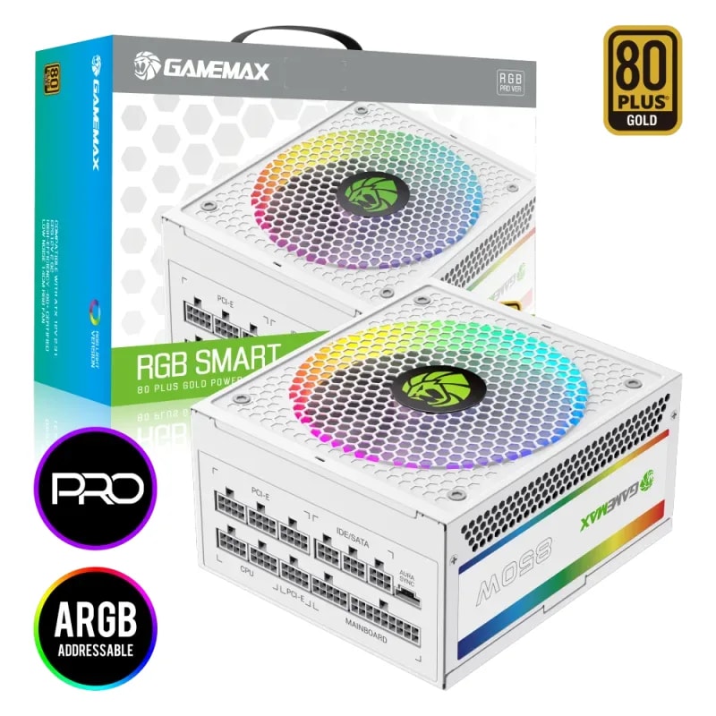 Fuente De Poder GAMEMAX 850W RGB-850 Pro WH Modular 80+ Gold Fan 14CM ARGB (25 Modos) 100-240V