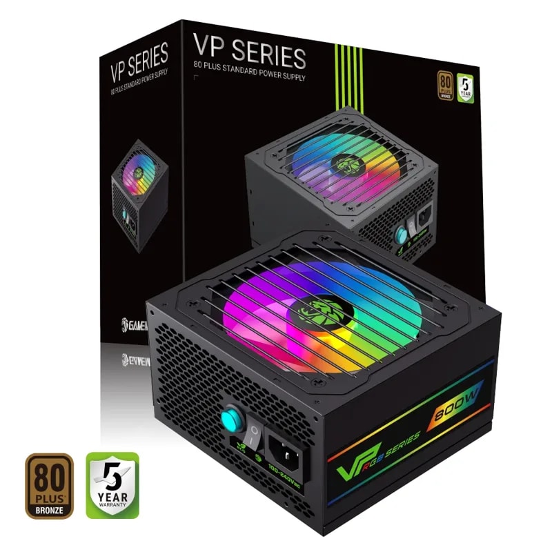 Fuente De Poder GAMEMAX 800W VP-800-RGB-S BK 80+ Bronze Fan 12CM RGB Modo Eco 100-240V