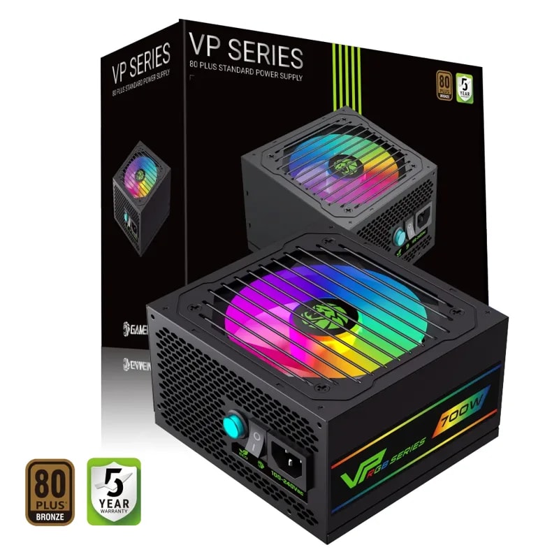 Fuente De Poder GAMEMAX 700WATTS VP-700-RGB-S BK Eficiencia 80+ Bronze Fan 12CM RGB Interruptor Eco
