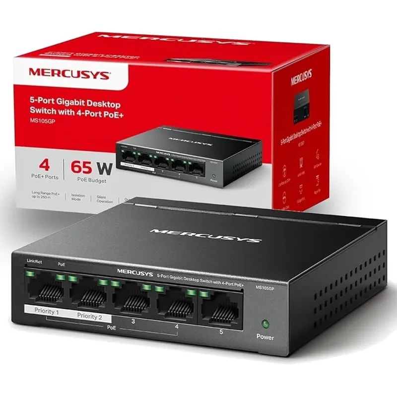 Switch Mercusys MS105GP 5 Puertos Gigabit (4*POE + 65W) Hasta 250M Plug & Play Metalico