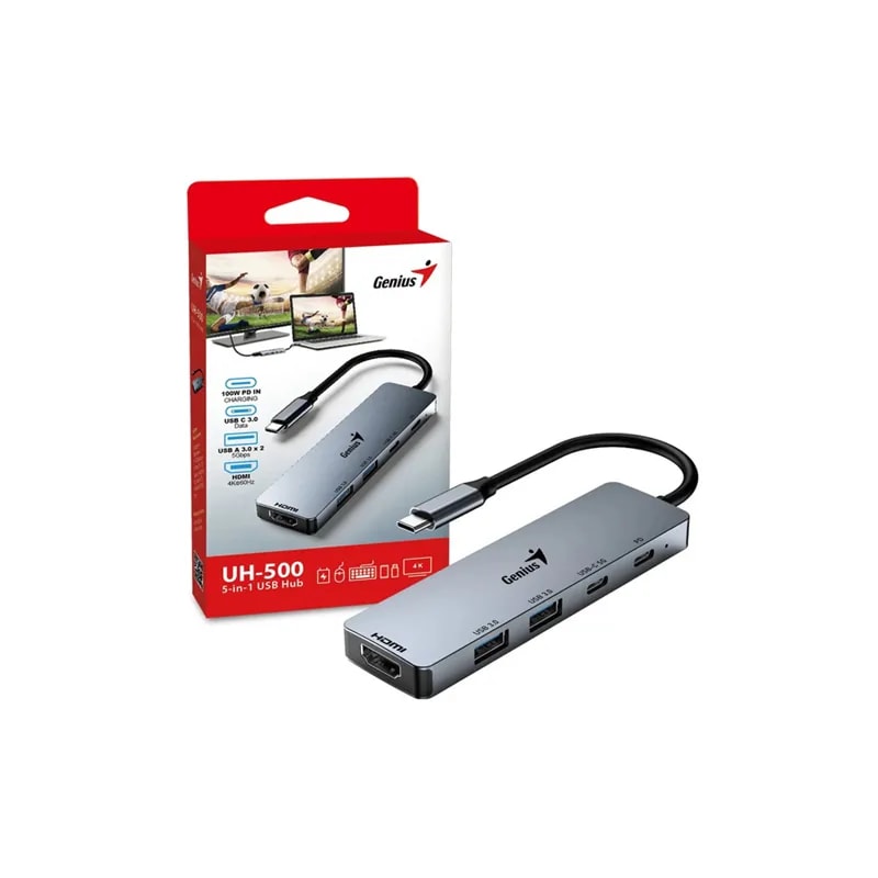 HUB Genius UH-500 Usb-c A 5 Puertos / Usb-a (2) / Usb-c (1) / HDMI (1) / PD Carga (1) / WIN 10 / 11