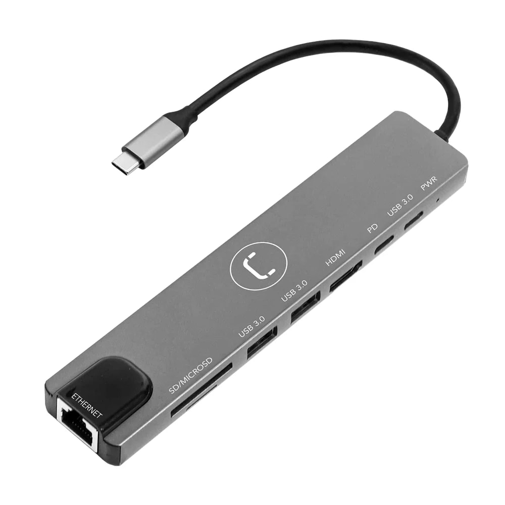 Hub Unno tekno HB1109GY tipo C 8 en 1 HDMI 2 USB 3.0 Micro SD-SD RJ45 Power Delivery