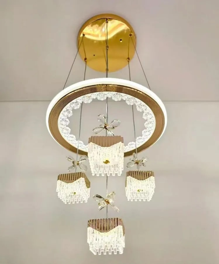 Lámpara Colgante LED de Aro Dorado 40 cm con Pantallas Cuadradas