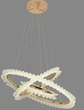 Lámpara Colgante LED 3 Aros Plumas Efecto Cristal Dorado Francés 40+60+80 cm