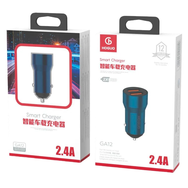 Cargador de auto Hoguo GA12 doble USB 2.4A metálico plateado