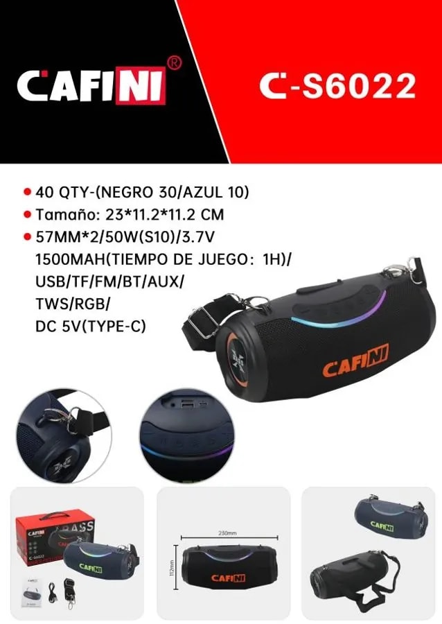 Parlante Bluetooth Portátil CAFINI 50W con Luces RGB