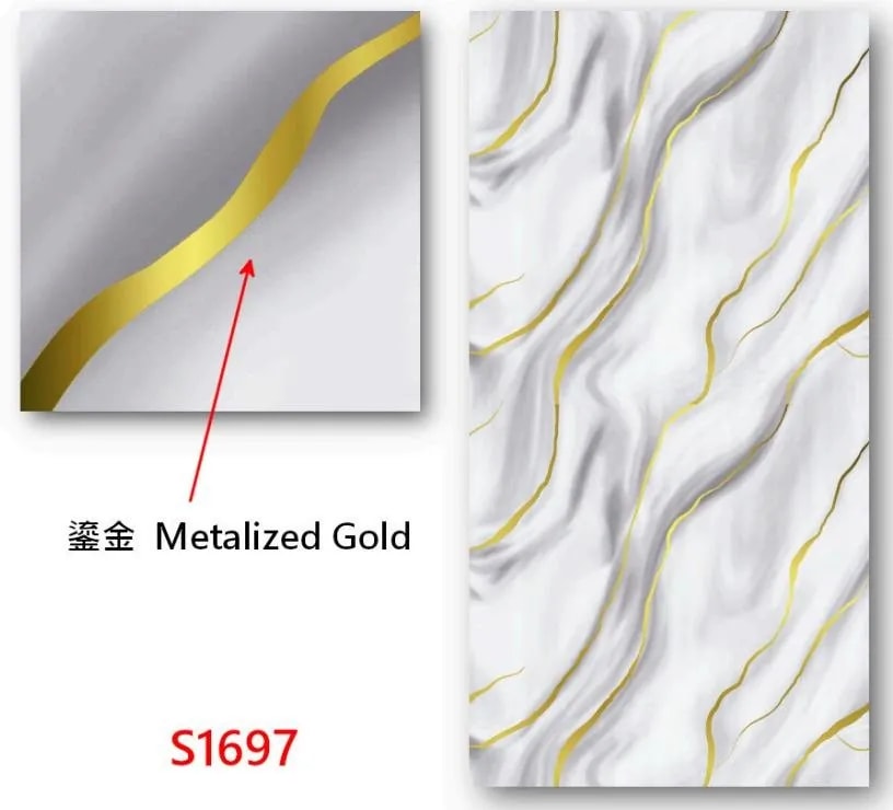 Panel de Pared UV Mármol Gris Claro con Líneas Doradas