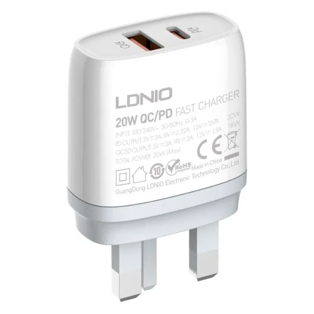 Cargador LDNIO Q229 20W USB-C + USB QC3.0 con cable USB-C a Lightning