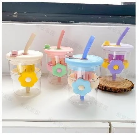 Vaso Plástico 600 ml con Pajilla Decoración de Flor