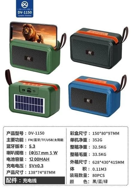 Parlante Bluetooth con Panel Solar, Radio FM y Soporte Celular