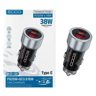 Cargador Vehicular. ECCO EC-135 38W - 2P PD + USB +