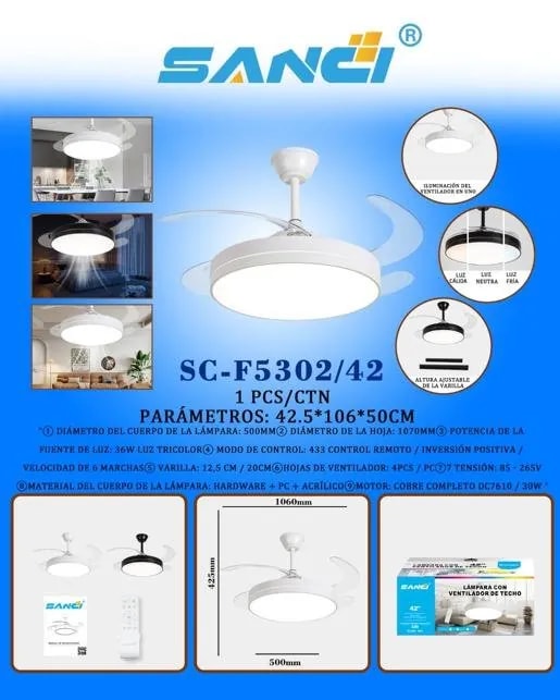 Ventilador de Techo SANCI 42 Pulgadas con Luz LED Blanco
