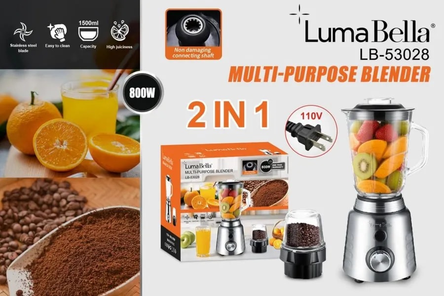 Licuadora 2 en 1 Luma Bella 800W Vaso de Vidrio 1.5 L