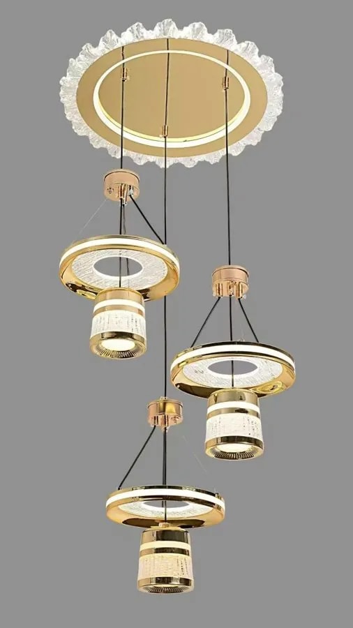 Lámpara Colgante LED en Cascada de 3 Aros con Cilindros Dorados