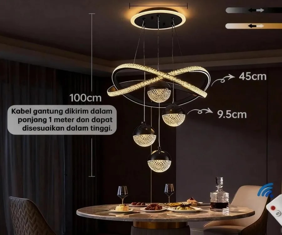 Lámpara Colgante LED para Comedor Negra con Esferas de Cristal