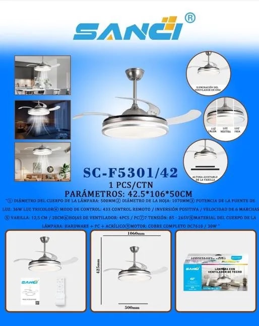 Ventilador de Techo SANCI 42 Pulgadas con Luz LED Plateado