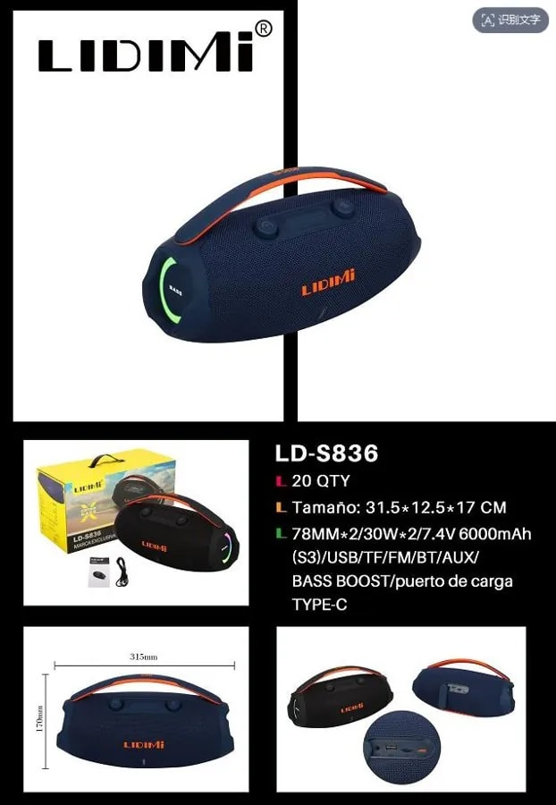 Parlante Bluetooth Portátil LIDIMI LD-S836 con Luces LED