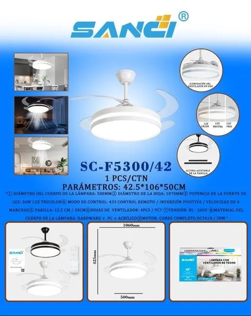 Ventilador de Techo SANCI 42 Pulgadas con Luz LED y Aspas Retráctiles