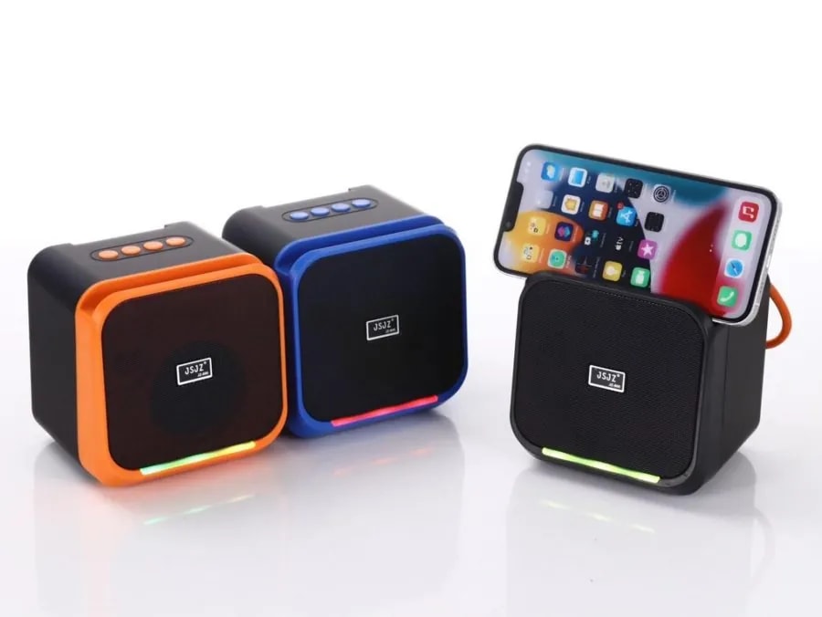 Mini Parlante Bluetooth Cubo con Soporte para Celular y Luces