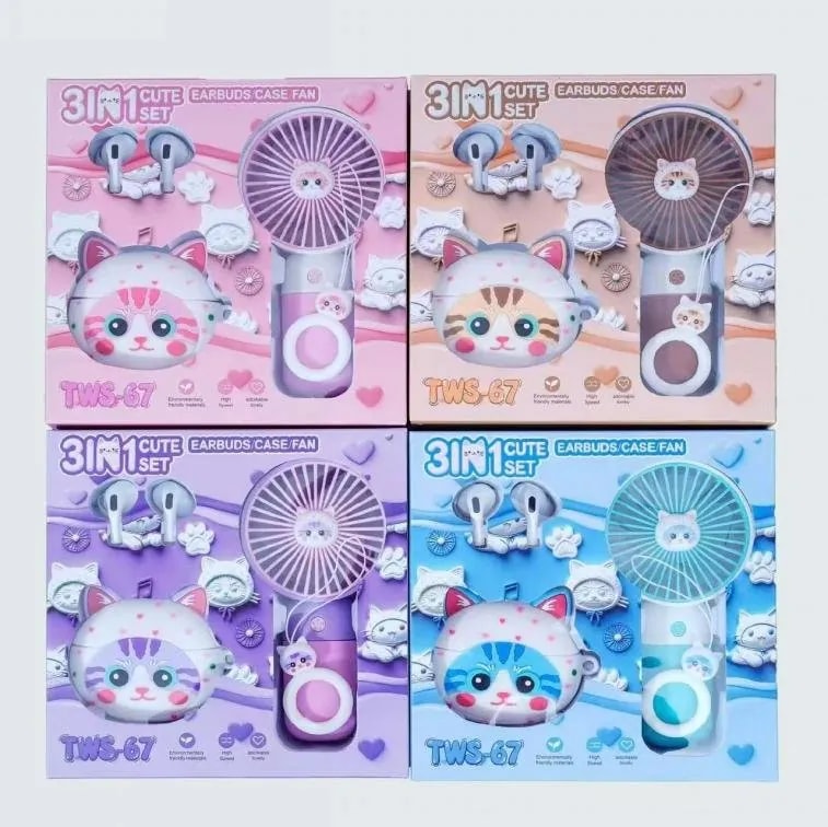 Set de Regalo 3 en 1 Audífonos TWS con Ventilador Gatito