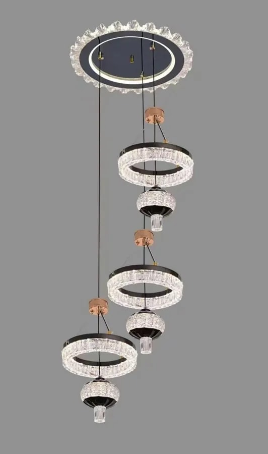 Lámpara Colgante LED en Cascada de 3 Aros Negra para Escalera