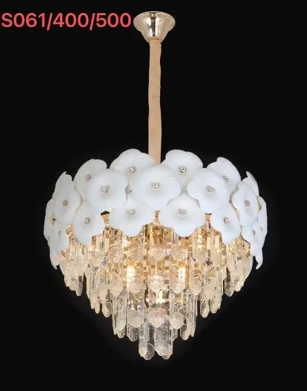 Lámpara Colgante de Cristal con Flores Blancas Dorada 50 cm