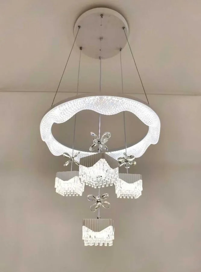 Lámpara Colgante LED Circular Ondulada con 4 Pantallas de Cristal