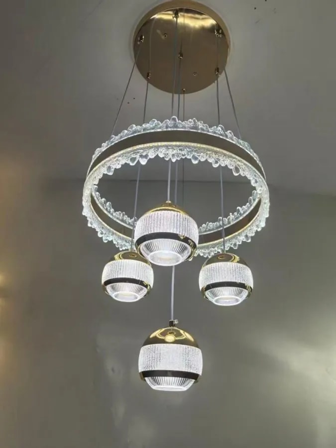 Lámpara Colgante LED de Doble Aro con 4 Globos de Cristal