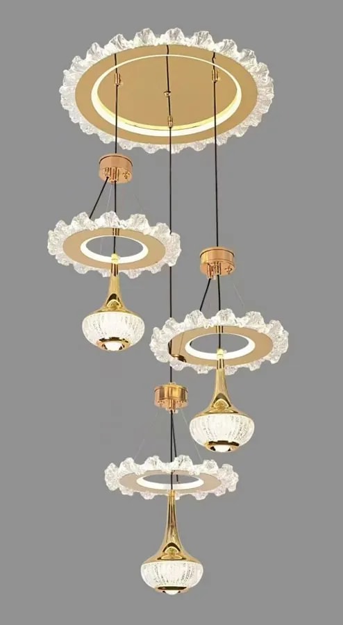 Lámpara Colgante LED en Cascada de 3 Aros Dorada para Escalera
