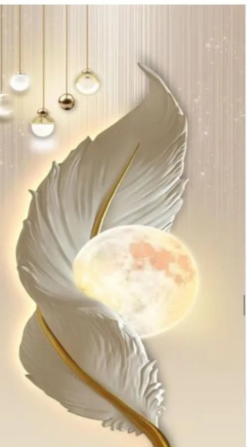 Cuadro Decorativo Vertical 3D Pluma Dorada y Luna