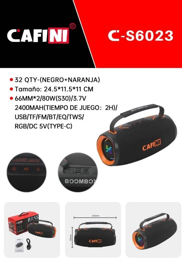 Parlante Bluetooth Portátil CAFINI 80W con Luces RGB