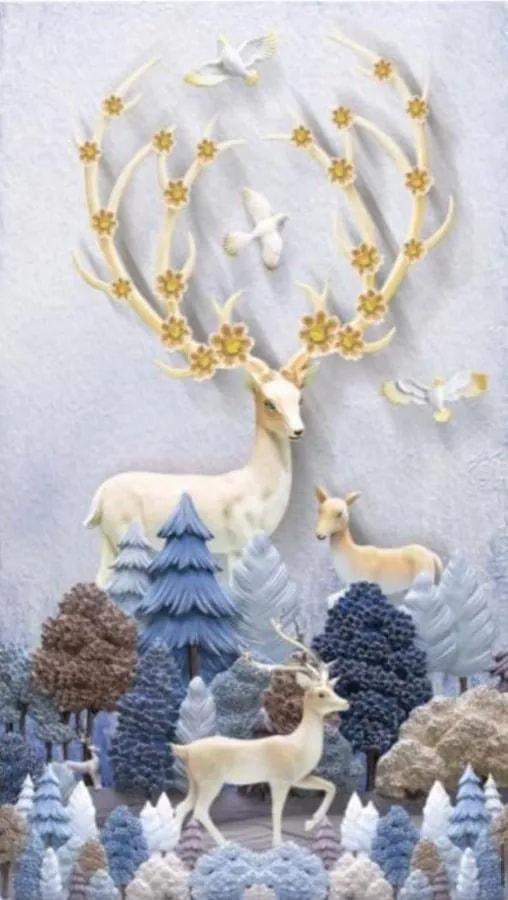Cuadro Decorativo Vertical 3D Ciervos en Bosque Relieve Blanco