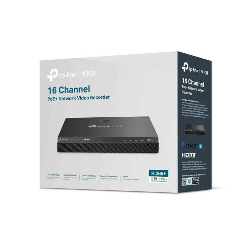 Grabadora TP-Link Vigi NVR2016H-16MP / 168 Canales POE / H.265 Plus / Onvif / Soporta Hasta 20TB /