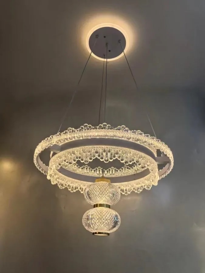Lámpara Colgante LED de Doble Aro con Farol de Cristal
