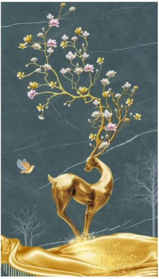 Cuadro Decorativo Vertical 3D Ciervo Dorado con Flores