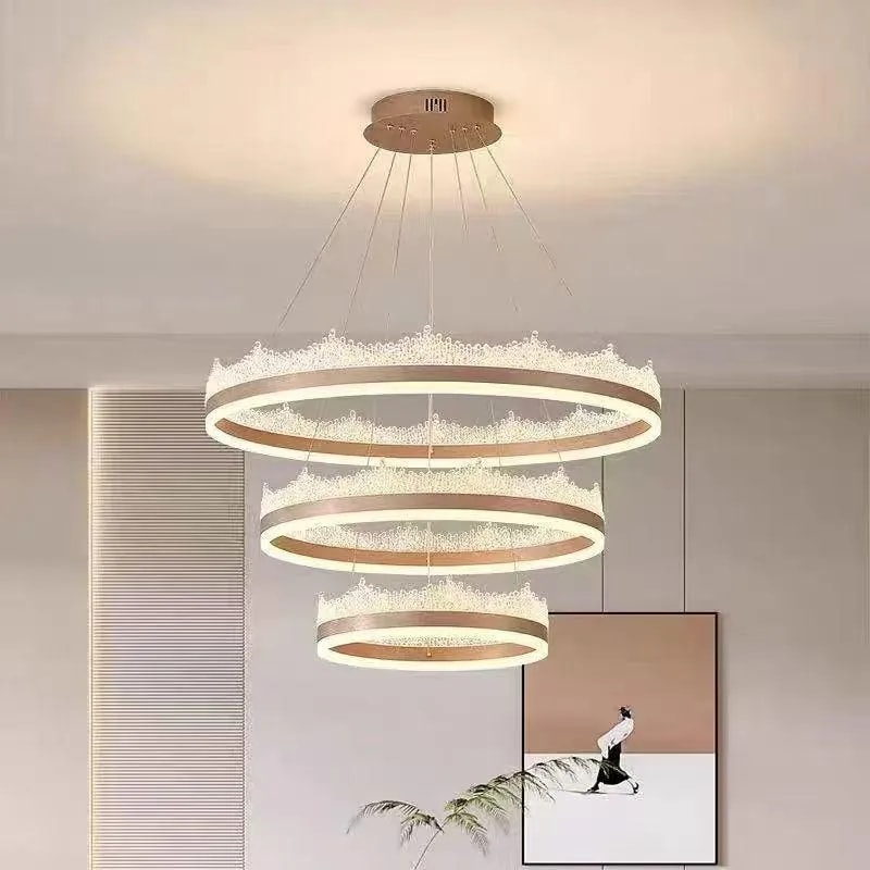 Lámpara Colgante LED 3 Aros Efecto Cristal Dorado 40+60+80 cm