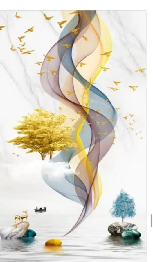 Cuadro Decorativo Vertical 3D Abstracto Ondas Doradas y Paisaje