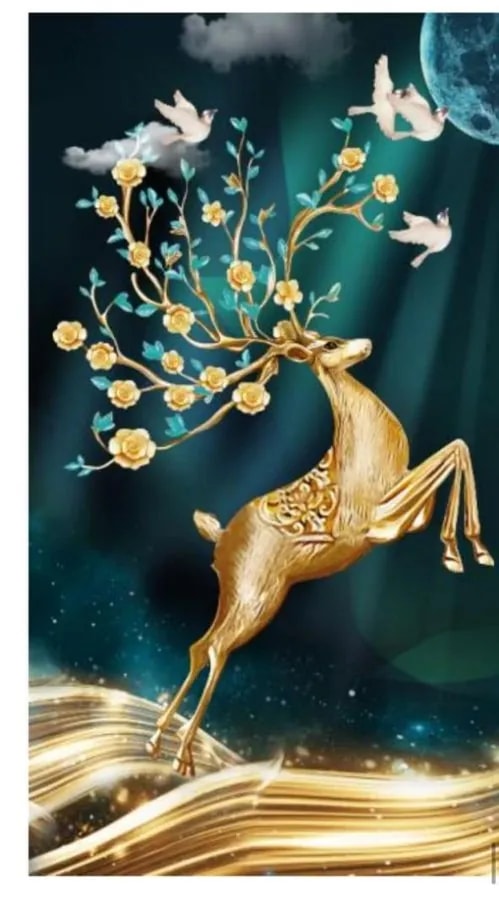 Cuadro Decorativo Vertical 3D Ciervo Dorado con Flores Fondo Verde