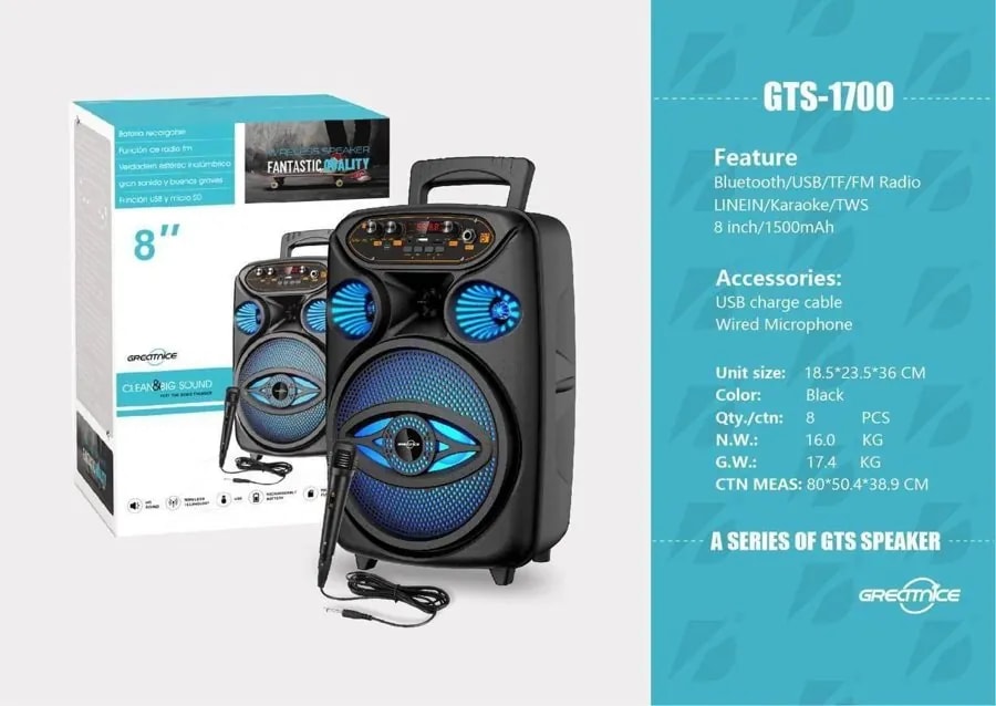 Parlante Bluetooth 8" con Micrófono con Cable y Luces