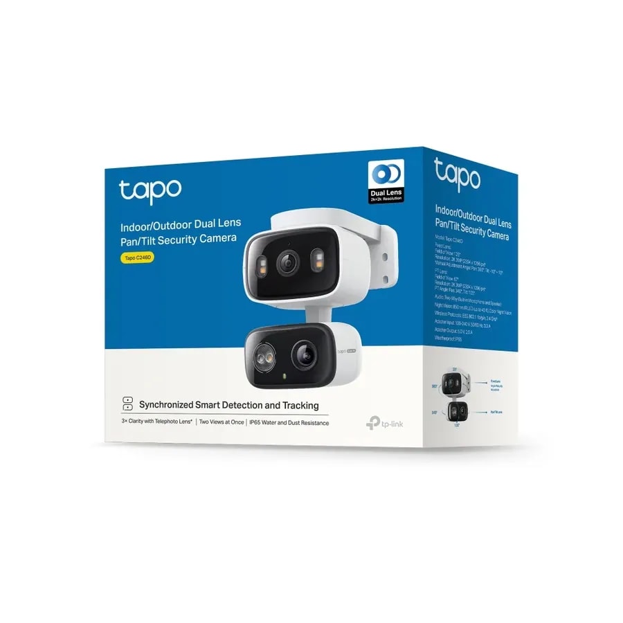 Cámara Smart tp-link tapo C246D doble lente 2K 3MP ext. color 24/7 det. pers/vehi/masc. gran angular/panoramica google/alexa supp microsd 512GB