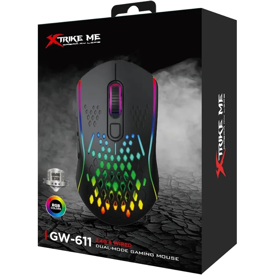 Mouse xtrike me GW-611 bk dual cable + 2.4 7 bot. dpi 800 1600 2400 3200 4800 8000 iluminacion rgb 13 efectos batería 500MAH usb-c