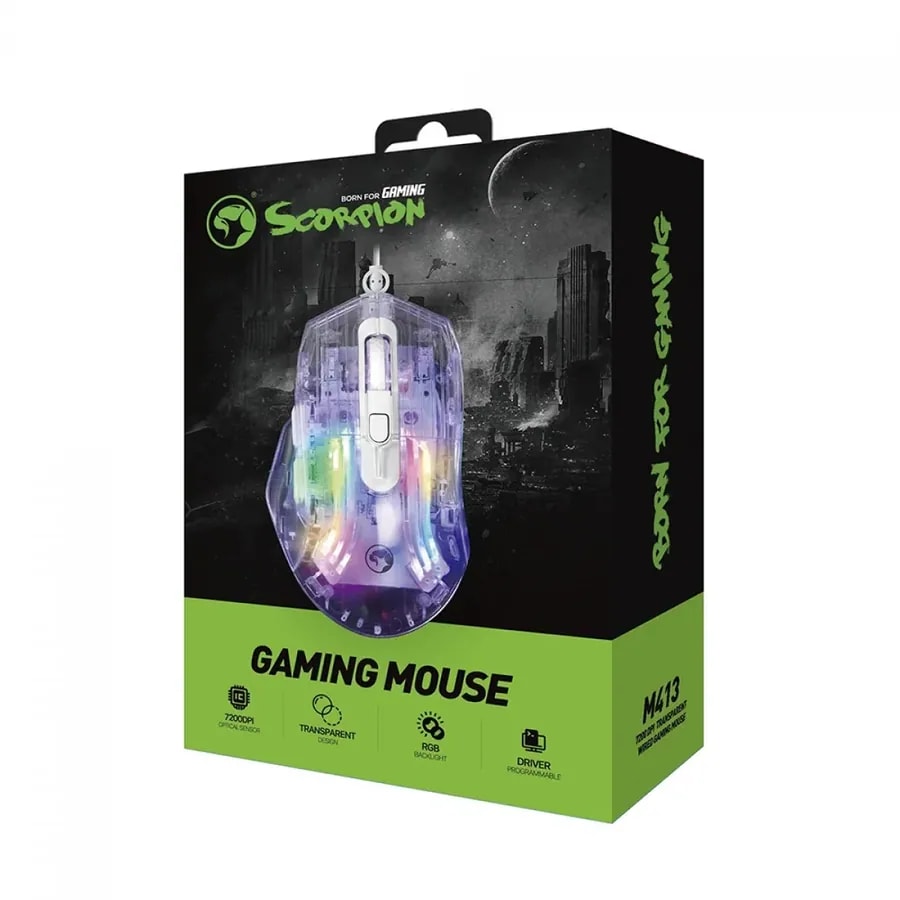 Mouse marvo M413 mistic 40 transparente 6 bot. iluminacion fondo rgb dpi: 1200 1600 2400 3200 4800 7200 cable 1.5M