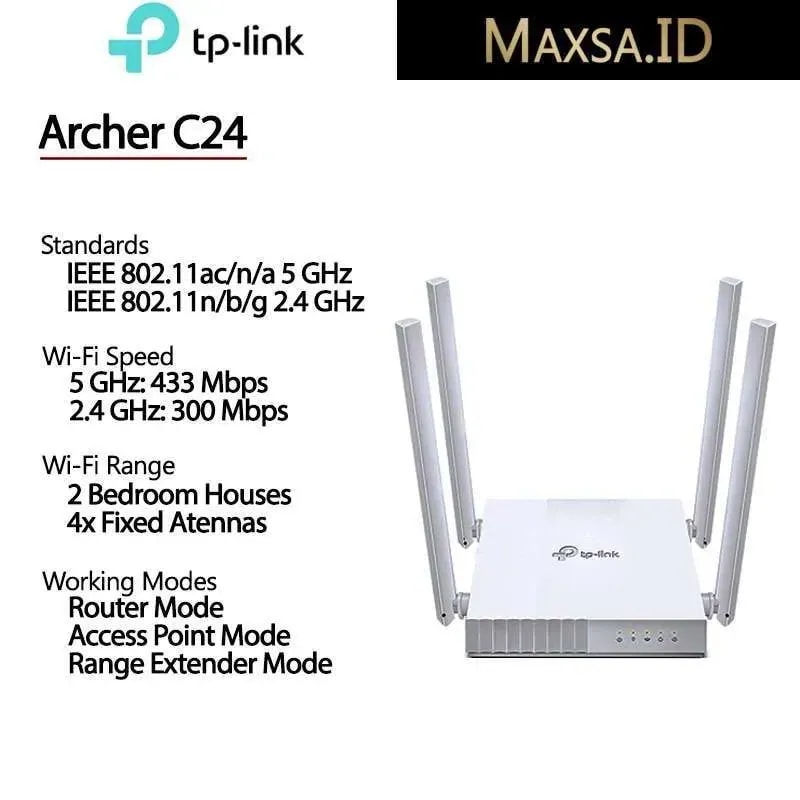 Router tp-link archer C24 AC750 dual band 2.4GHZ: 300MBPS y 5GHZ: 433MBPS 10/100mbps modo access point, extensor 4 ant.