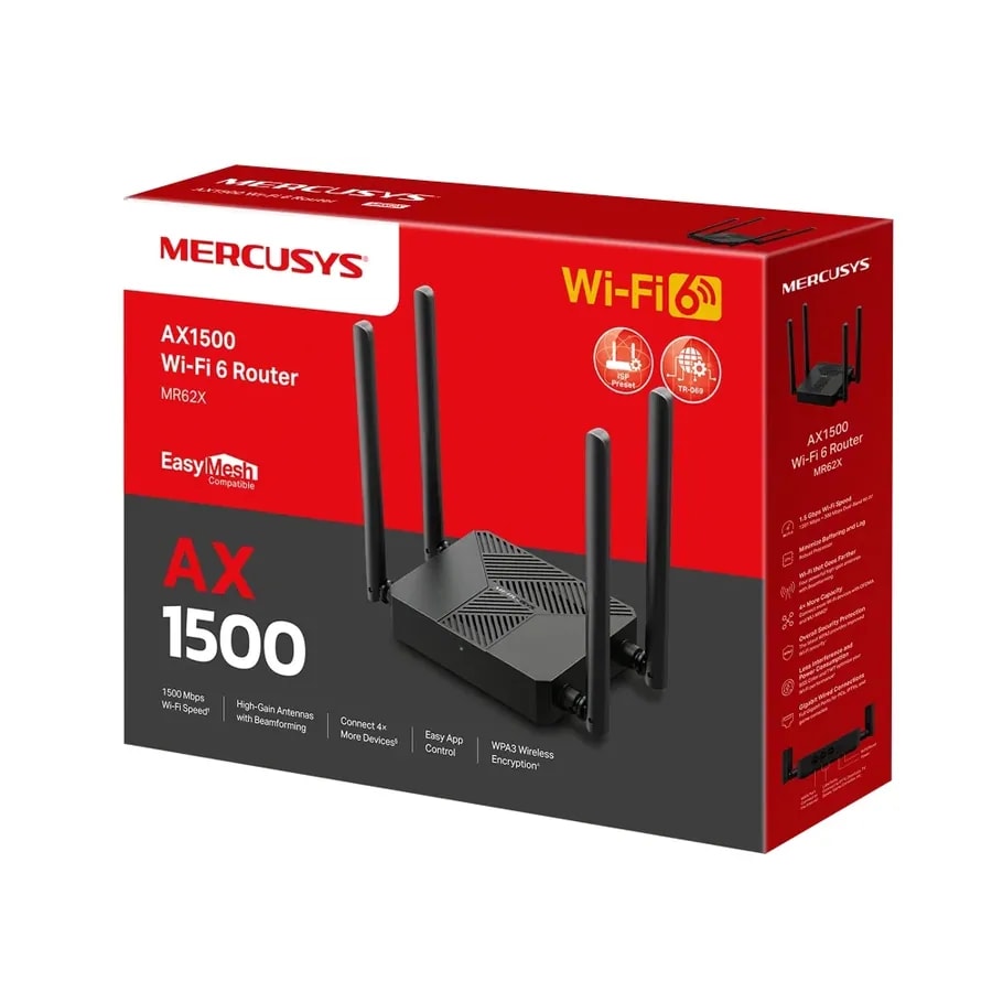 Router mercusys MR62X AX1500 WIFI 6 1.5GBPS dual band 5GHZ: 1201MBPS 2,4GHZ 300MBPS 4 ant. mu-mimo